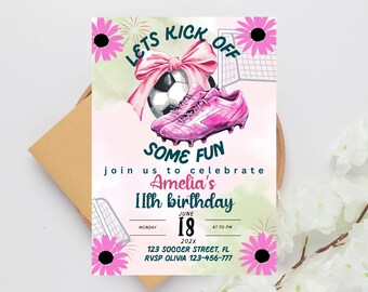 Rosa Fußball-Geburtstagseinladung: Mädchen-Sportparty (Canva Editierbar, digitaler Download)