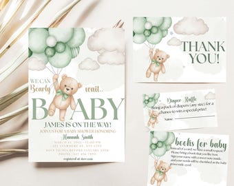 May include: A set of baby shower stationery with a teddy bear theme. The invitation reads "We can bearly wait... BABY" with event details. Additional cards include a thank you, diaper raffle, and books for baby request.