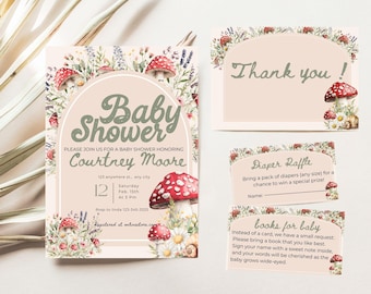 Mushroom Baby Shower Invitation Set Wildflower Garden bundle Fall Baby Shower Invitation, Enchanted Forest Boho Baby Shower Invite, Forest