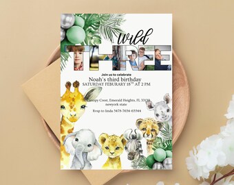 Invitation photo Safari, Invitation numérique sauvage de trois anniversaires, modèle modifiable, thème de la jungle pour enfants inviter 3e anniversaire zoo canva evite