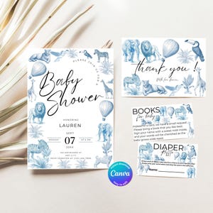 Toile de Jouy Safari Baby Shower Invitation: Elegant Blue Floral (Digital Download)