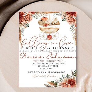 Autumn Baby Shower Invitation: Floral Carriage, Gender Neutral (Editable in Canva)