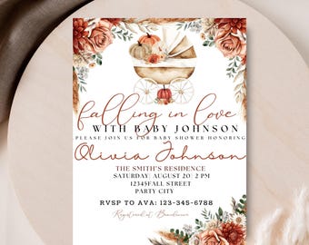 Autumn Baby Shower Invitation: Floral Carriage, Gender Neutral (Editable in Canva)