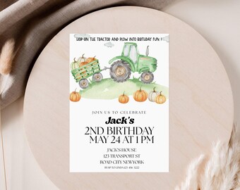 Tractor 2nd Birthday Invite, Editable Farm Party Invitation, Digital Download for Boys, Any Age Birthday Invite