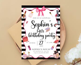 Glitz and Glam Party invite, Editable Makeup Birthday Invitation, Spa Glow Party, Instant Download Template 14rh birthday fourteenth bday
