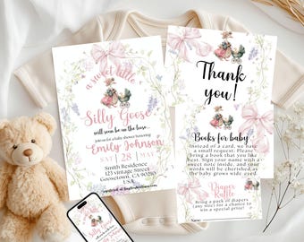 A new silly goose is about to be on the loose baby shower invite bundle set, books for baby card, editable template,    story book design