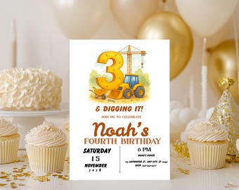 3 and Diggin’ It Birthday Invitation  Construction Theme 3rd Birthday Invite  Custom Party Invitation  Printable Digger, Dump Truck