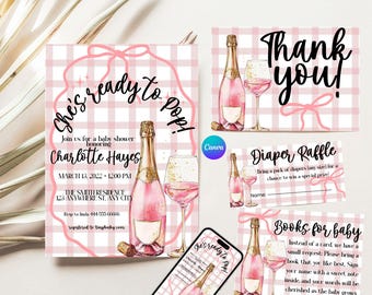 Shes Ready to Pop Baby Shower Invite bundle set , Editable Soda Pop Template, Instant Download, girl baby sprinkle template  canva download