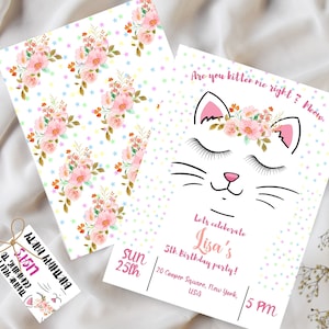 Pink Kitty Birthday Invitation: Floral Cat Party Invite (Digital Download)