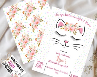 Pink Kitty Birthday Invitation: Floral Cat Party Invite (Digital Download)