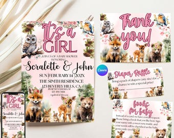 May include: A collection of baby shower invitations and cards with a woodland theme. The invitations and cards feature illustrations of forest animals, floral accents, and the text "It's a Girl". The color scheme is primarily pink and green.