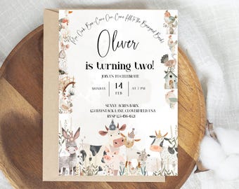 Calling All Party Animals Farm Birthday Invite, Editable Digital Template, Cute Animal Party Invitation canva second neutral birthday