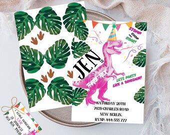 Pink Dinosaur Birthday Invitation Girl: Three-Rex Party (Digital Download)
