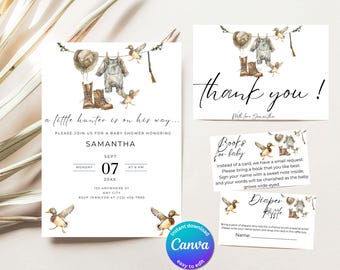 May include: Baby shower invitation set with a hunter theme. The invitation features illustrations of a hat, overalls, boots, and ducks. The text reads "a little hunter is on his way..." and includes details for the event.
