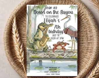 Down on the Bayou 7th Birthday Invitation, Digital Editable Crawfish & Alligator Invite, Louisiana Themed Party canva
