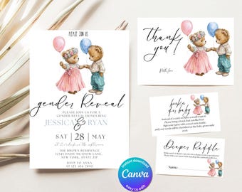 Boho gender neutral bears invitation teddy bears gender reveal party vintage bears ballons boy or girl editable canva invite BS11