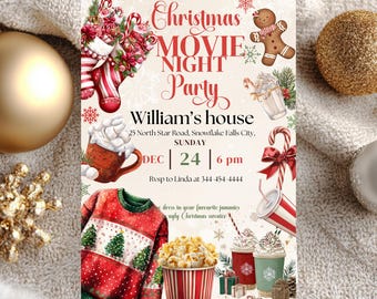 Peut inclure: Une invitation à une soirée cinéma de Noël avec des illustrations festives. L'invitation comprend le texte "Christmas Movie Night Party" et des détails tels que la date, l'heure et le lieu. Le design présente un pull rouge, du pop-corn et du chocolat chaud.