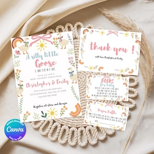 Silly Goose Baby Shower Invitation Bundle, Editable Floral Gingham Decor, Daisy invite, Printable Templates  canva download BS12