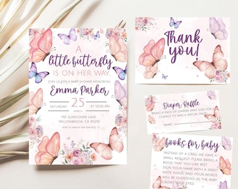 Editable Butterfly Baby Shower Invitation, Pink and Purple Butterfly Invitation, A Little Butterfly Is On The Way, Girl Butterfly Invitation