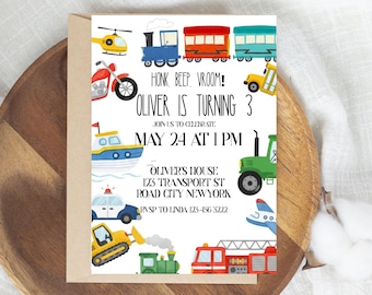 Transportation third Birthday Invitation, Editable Honk Beep Choo Choo Train Truck Cars Party Invite Download
