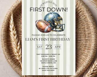 First year down football birthday invitation football sunday party boy first birthday invitation editable template