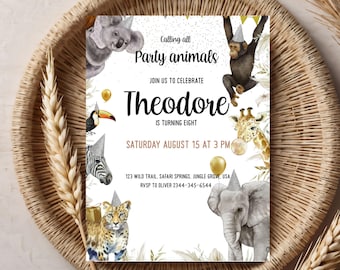 Safari Calling All Party Animals Invite, Editable Jungle Birthday Template, Kids Printable Animal Invitation 8th birthday canva