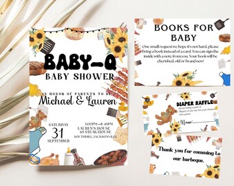 May include: Baby-Q baby shower invitation with barbecue and sunflower illustrations. The invitation includes details for Michael & Lauren's baby shower, with a diaper raffle and book request cards.