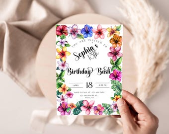 May include: A floral birthday invitation with a white background. The invitation is framed with colorful watercolor flowers and green leaves. The text reads "You are invited to Sophia's 13th Birthday Bash" with the date and time.
