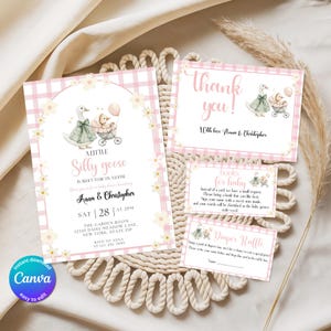 Silly Goose Baby Shower Invitation Bundle, Editable Floral Gingham Decor, Daisy invite, Printable Templates  canva download BS12