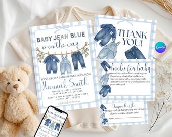 Invitación para baby shower de mezclilla azul, invitación digital editable, estilo rústico occidental, set imprimible para baby shower de mezclilla, lienzo imprimible para niño y bebé.