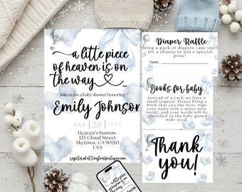 A Little Piece of Heaven Is On The Way Baby Shower Invite bundle set, Editable Cloud Theme, Gender Neutral, canva Digital Template