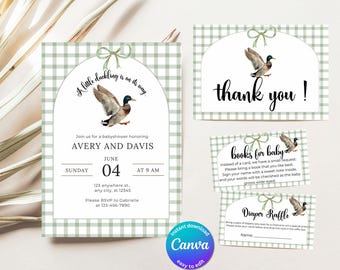Mallard Duck Gingham baby shower Invite, Editable shower Party Template, Digital Download for Baby Shower Celebration  BS07