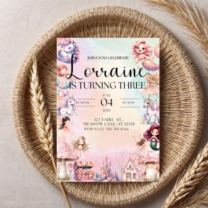 May include: A pink and blue birthday invitation with a unicorn, mermaid, and fairy theme. The invitation says "Join us to celebrate Lorraine is turning three" with the date and time of the party.