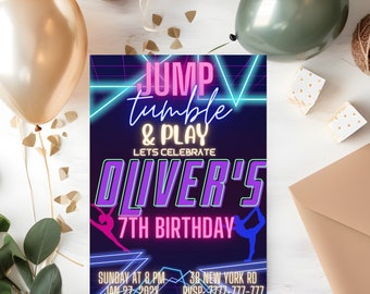 Trampoline Park Birthday Invitation: Neon Jump Party (Canva Template)