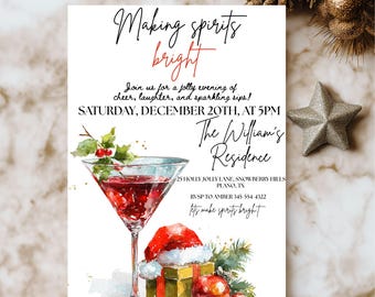Christmas Cocktail Party Invitation Template, Printable Holiday Party Card, Making Spirits Bright, Editable Christmas Dinner Invite,
