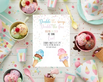 Ice Cream twin sibling birthday Invite, Editable Birthday Invitation, first birthday Party Invite, Colorful Scoops, Instant Download