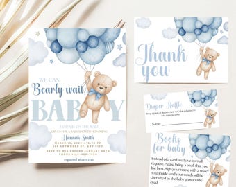 Editable brown bear balloon baby shower invitation bundle, we can bearly wait baby shower invite, blue boy boho bear baby shower invite