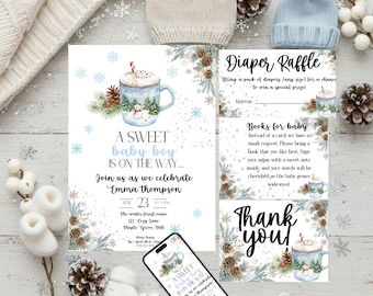 Hot Chocolate Baby Shower Invite bundle set, Editable Winter Invitation, winte Theme, Christmas Party Template canva printable download