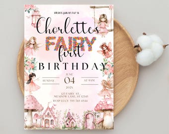 May include: A pink and white fairy-themed birthday invitation with the text "Chorlettes Fairy first Birthday" and details for the event, including the date, time, and address.