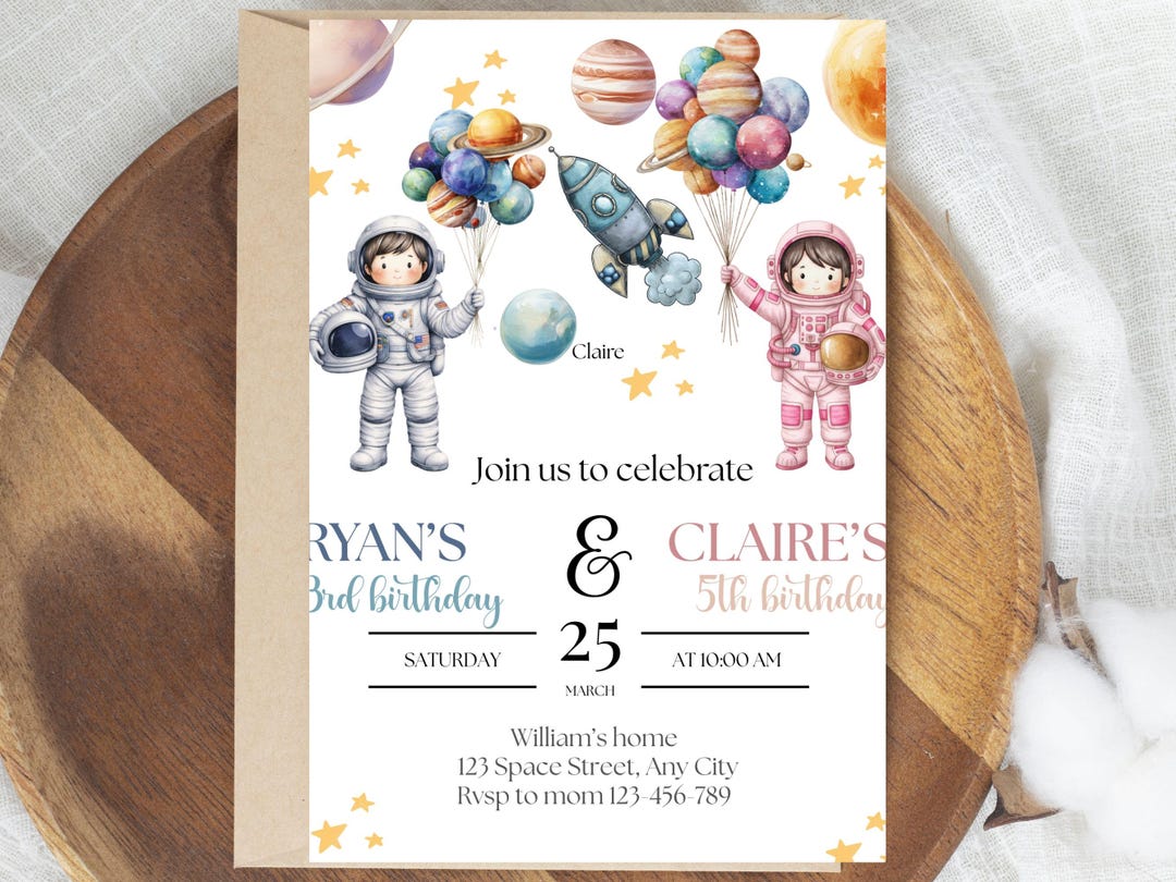 Editable Planet Birthday Invitation-twin Sibling Joint Invite ...