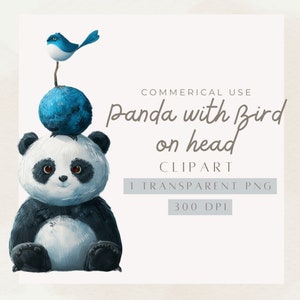 Happy Panda with Bird on head, transparent png clip art, hand draw, animated, cute