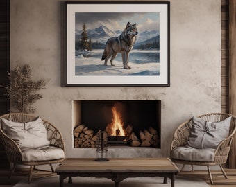 Fureur de l'hiver imprimable en téléchargement numérique, cadre TV peinture à l'huile paysage loup enneigé