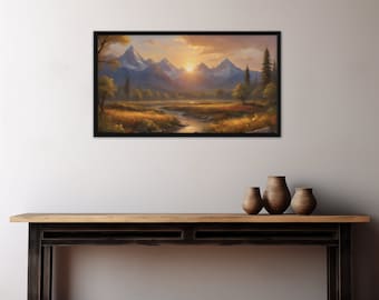 Mountain Sunrise Landscape Digital Download, Golden Hour Over the Mountains Printable Oil Painting TV Frame