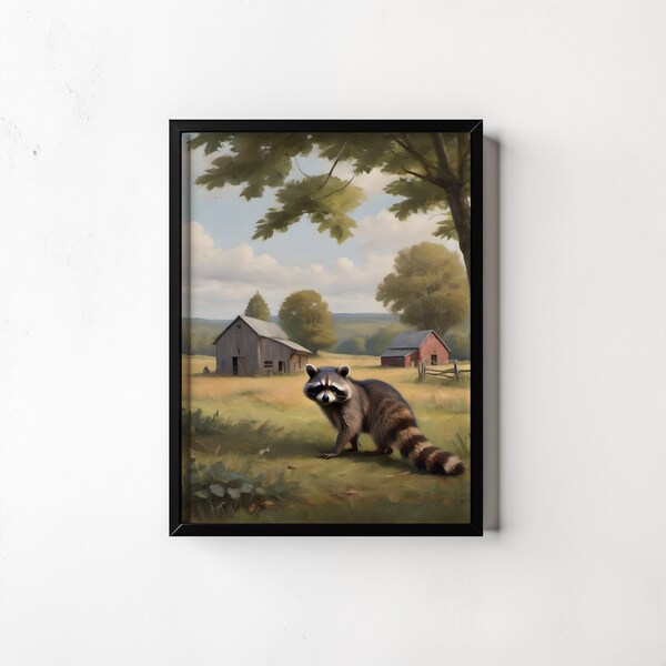Raccoon in Rural Landscape Printable Digital Download, Sleepy raccoon in rural scene Portrait Oil Painting