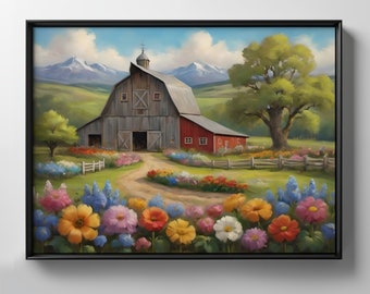 Spring Barn Scene Landscape Digital Download, Whimsical Barn with Flowers Printable Oil Painting TV Frame