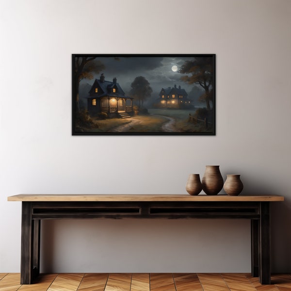 Dark Misty Night Landscape Digital Download, Lantern Light in the Distance Printable Oil Painting TV Frame
