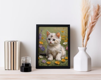 Spring Scene Oil Painting Digital Download, Creamy Calico Kitten Printable, Wildflower Field Portrait