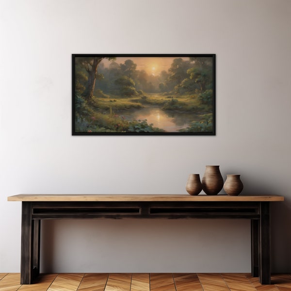 Forest Sunrise Oil Painting Printable, Serene Landscape TV Frame Digital Download Landscape