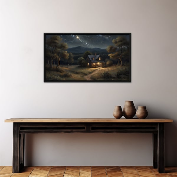 Dark Starry Night in the Country Digital Download Landscape, Quiet Rustling Trees Printable TV Frame, Twinkling Stars Oil Painting