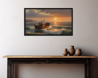 Sunset Fishing Boat Landscape Printable, Coastal Scene Digital Download Oil Painting TV Frame